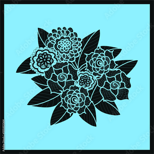 Beautiful doodle art flowers. Zentangle pattern. Hand drawn herbal design element. Floral black and blue illustration. Isolated lace ornament on blue background. Decorative
vector artwork. 
