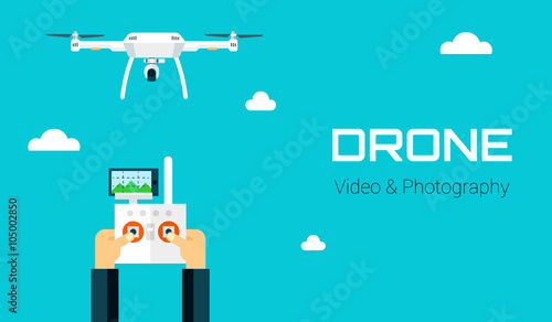 Remote aerial drone with a camera taking photography or video recording . Vector art on isolated background. Flat design.