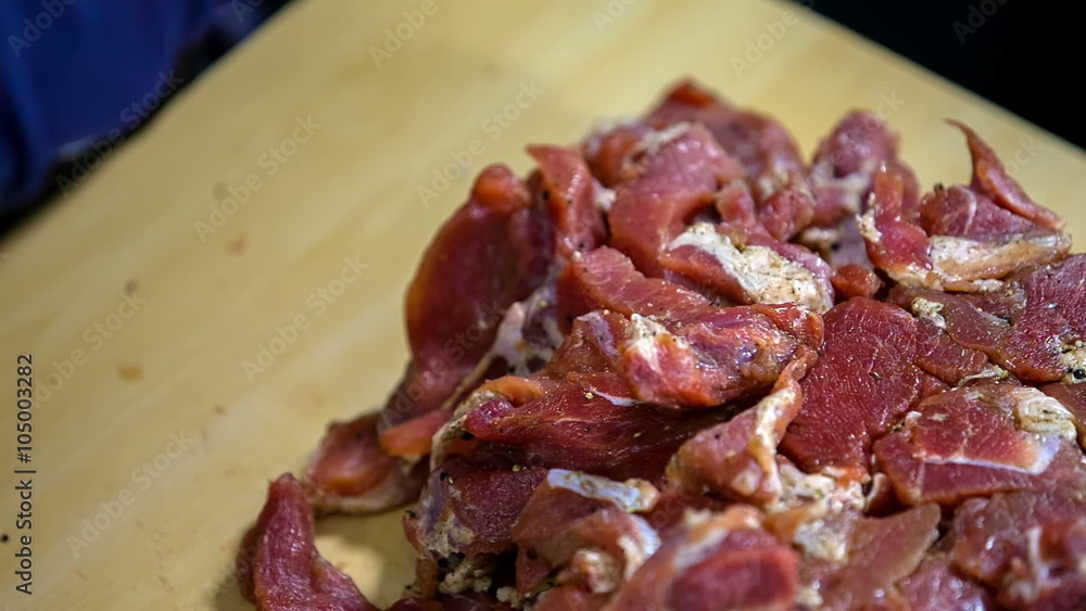 Strips of red meat on a yellow plate Strips of red meat on a yellow plate