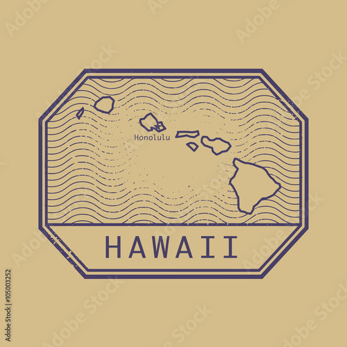 Stamp with the name and map of Hawaii, United States