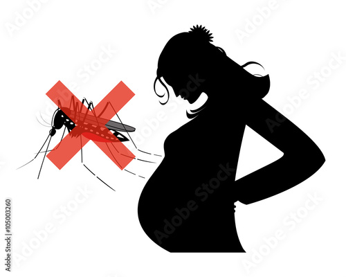 Vector silhouette image of a pregnant lady with a mosquito and a red cross