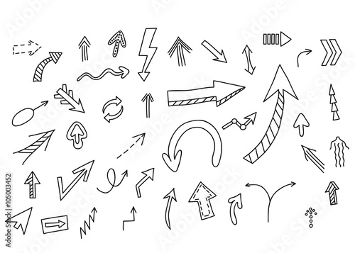 Arrows set. Vector hand drawn by pen for your design. Doodle sketch style.