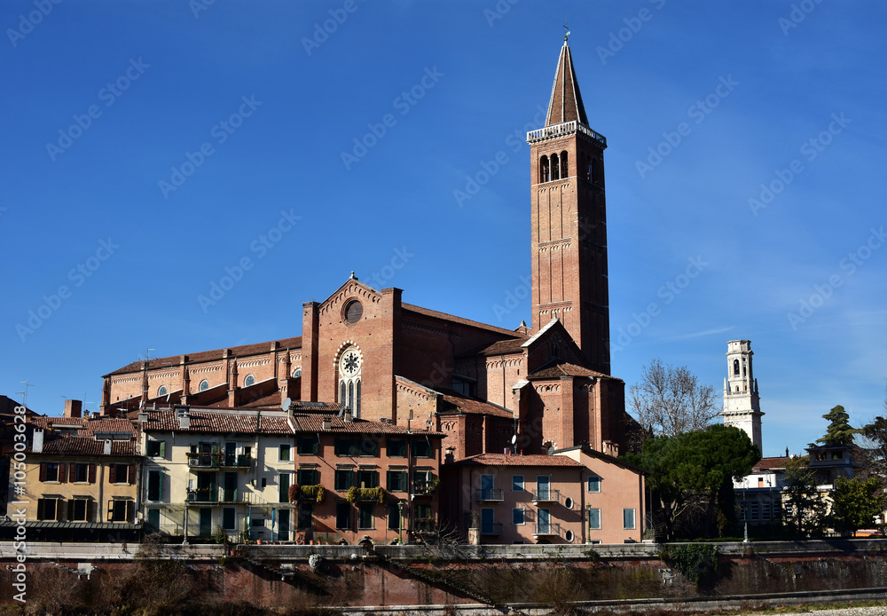 Sant'Anastasia gothic red brick gothic chruch in Verona, seen from Adige River