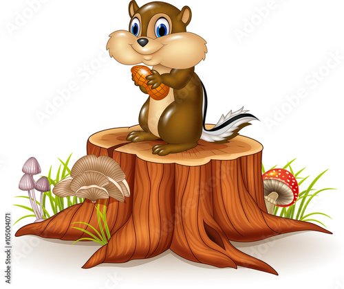Cartoon chipmunk holding peanut on tree stump