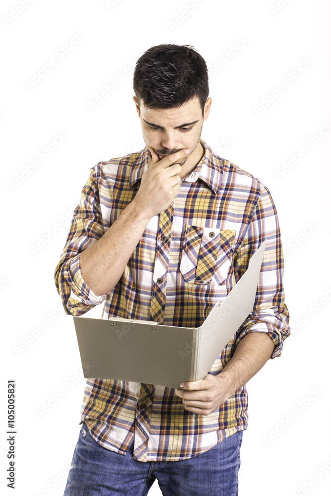 pensive young man with folder pensive young man with folder