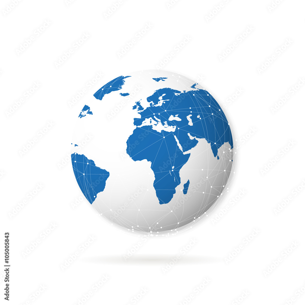 Planet earth with shadow on white background