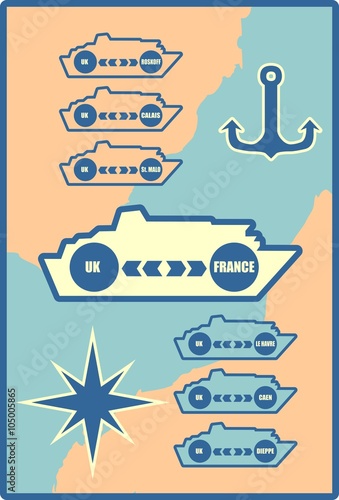 Ferryboat ship design element. Routes from France to UK