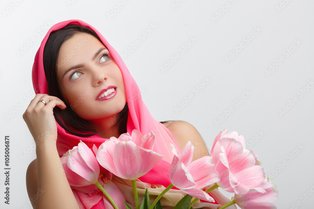 woman with tulip bouquet woman with tulip bouquet