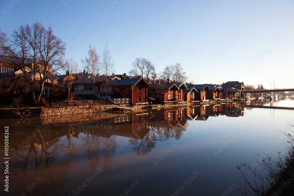Porvoo Finland. Classic old wood houses and their reflection in river