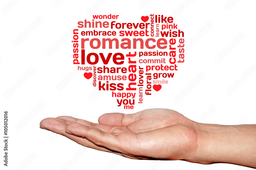 Hand and about love word with heart sign isolate on white background Hand and about love word with heart sign isolate on white background