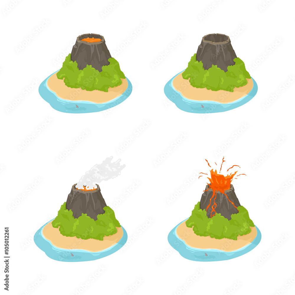 A vector illustration of an isometric volcano in different states ...