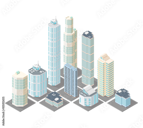 A vector illustration of a modern city on tiles. 
Isometric city district illustration.