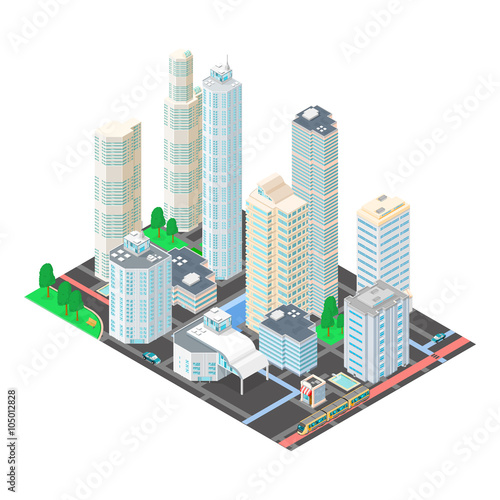 A vector isometric illustration of a city financial city scape.
Downtown urban City concept icon.