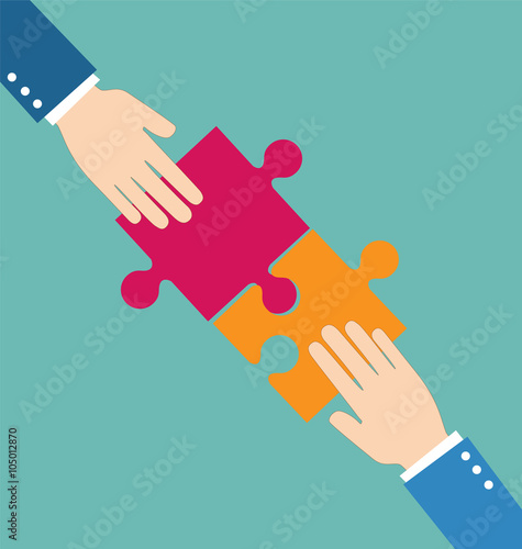 Teamwork concept, Businessman put pieces of puzzle together