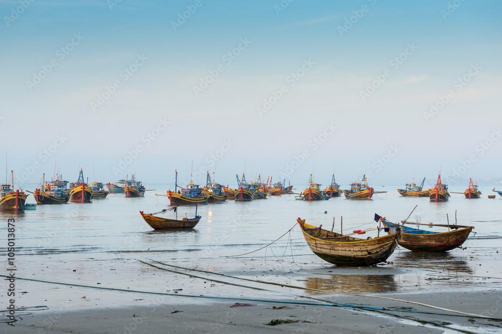 Nha Trang city, Vietnam - January 28, 2016: Fishering Activity in the fishing village near NhaTrang city, Vietnam
