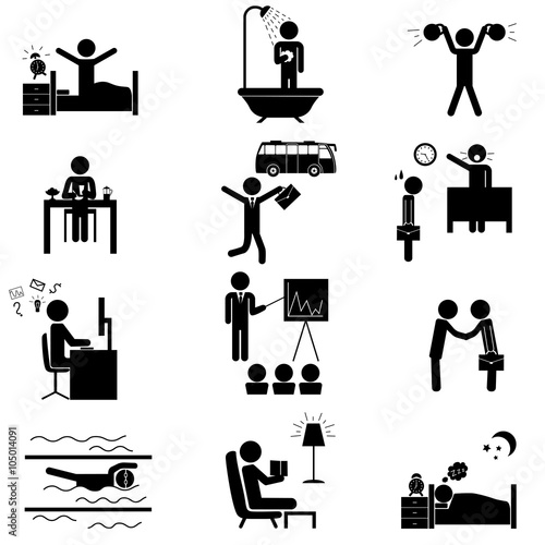 Office daily routine life. Vector icons set isolated on white