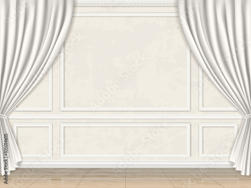 Vintage wall in classic style decorated panel mouldings and curtains. Vector interior background.