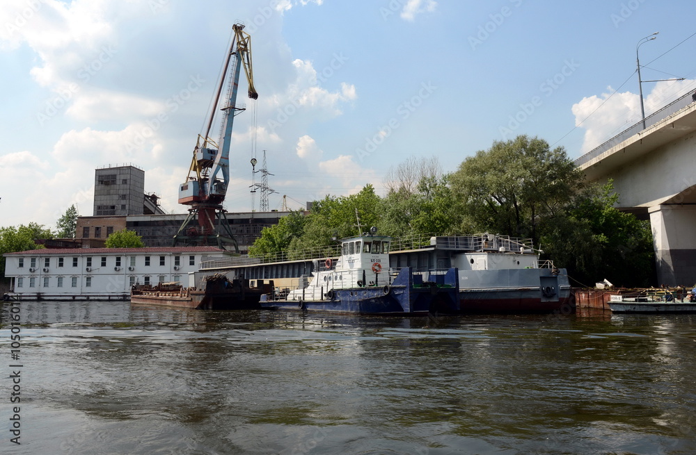 River tug-pusher at the Western river port in Moscow.