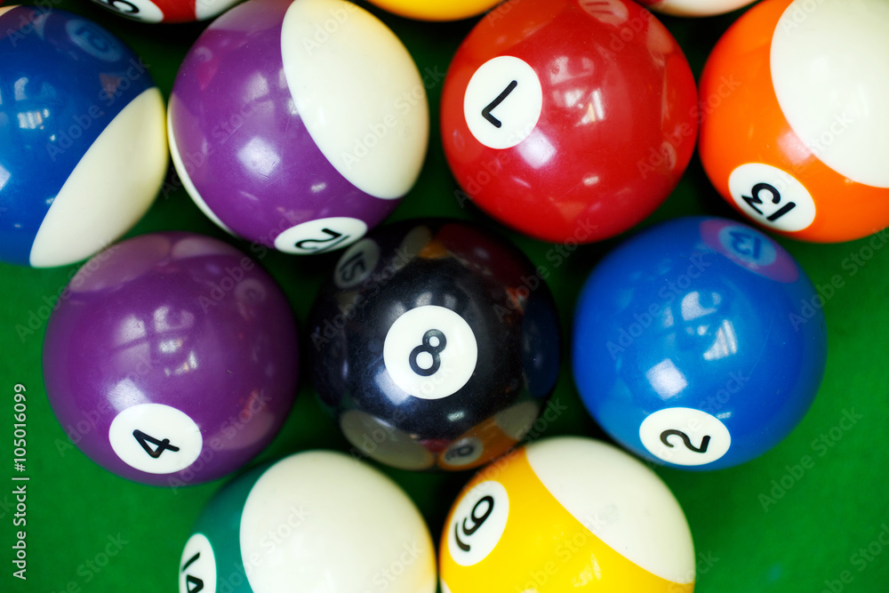 billiard balls on a green pool table, closeup billiard balls on a green pool table, closeup