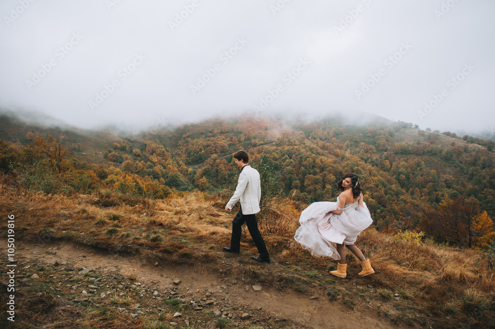 Fototapeta premium happy newly married couple posing in the mountains