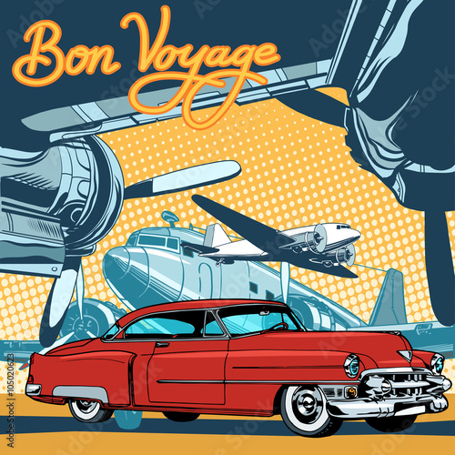 Retro red car on the runway pop art retro style