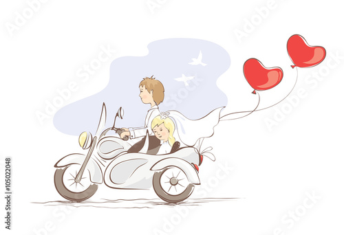 Vector illustration, card -- just married on a motorcycle