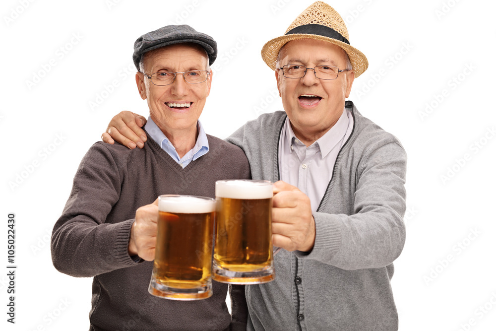 Two seniors making a toast with beer Two seniors making a toast with beer