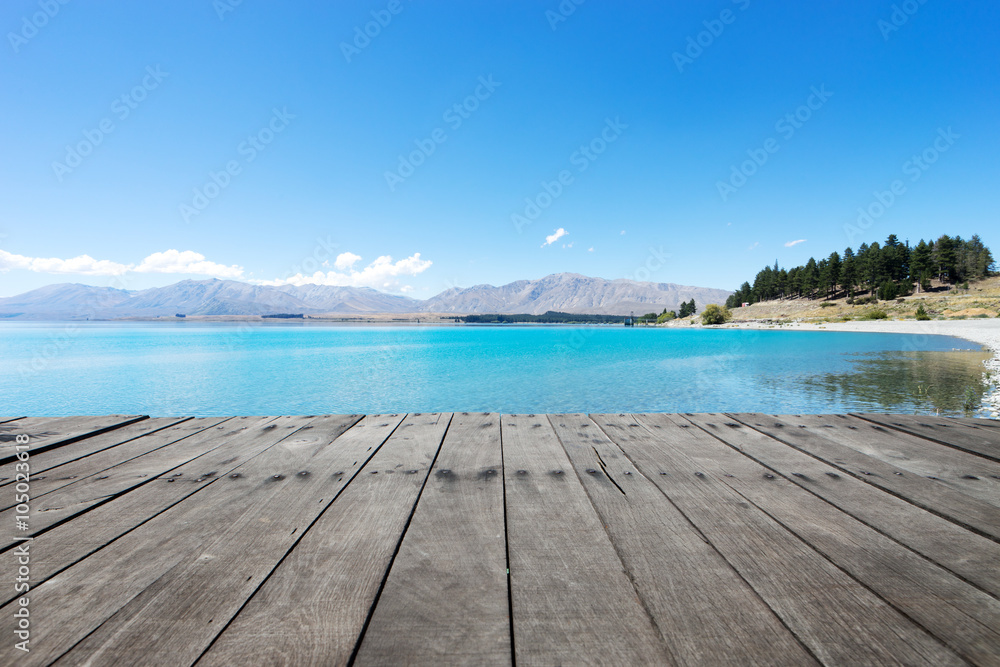 old wood floor with landscape of lake in summer day in new zeala