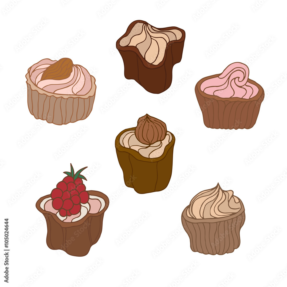 Collection of hand drawn chocolate candy. Vector illustration isolated on white Collection of hand drawn chocolate candy. Vector illustration isolated on white