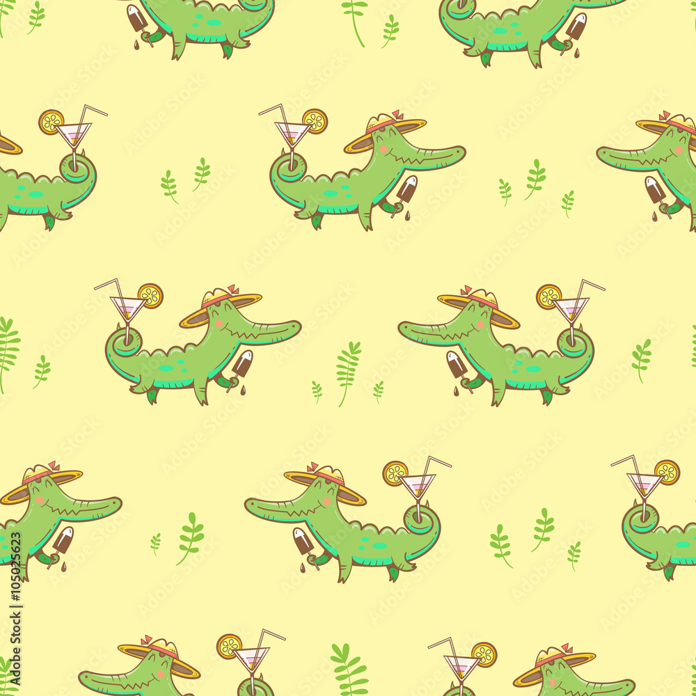 Fototapeta premium Summer seamless pattern with cute carton crocodiles, ice cream and cocktails. Vector image.