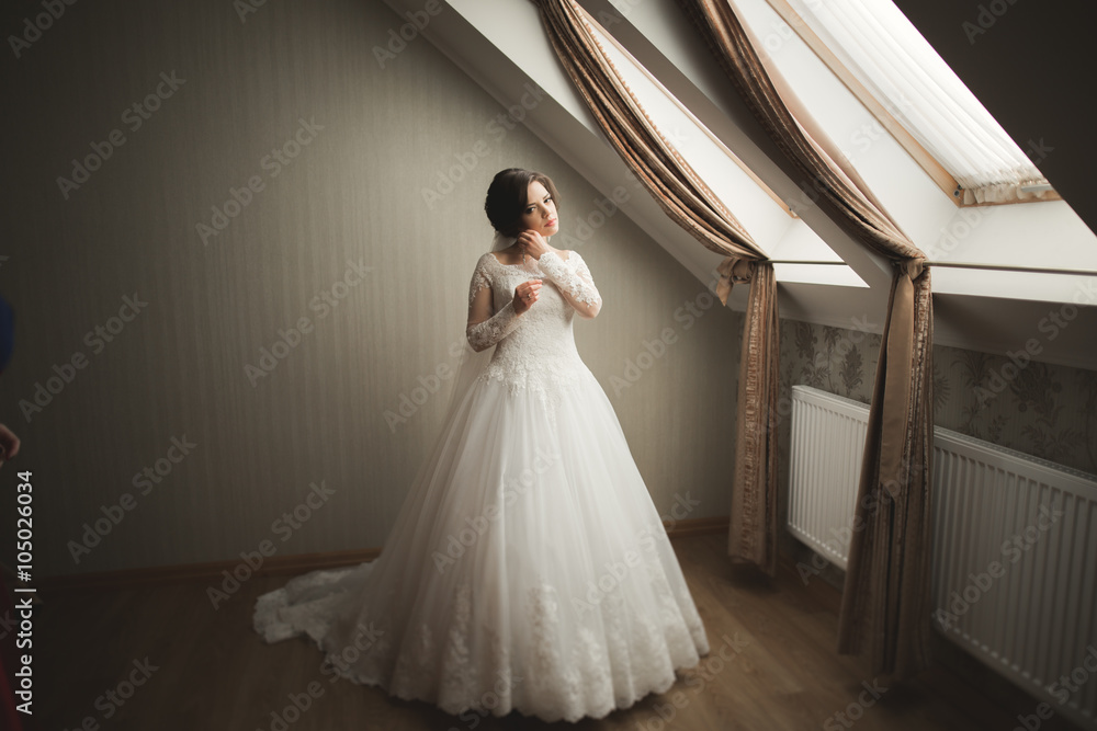 Luxury bride in white dress posing while preparing for the wedding ceremony