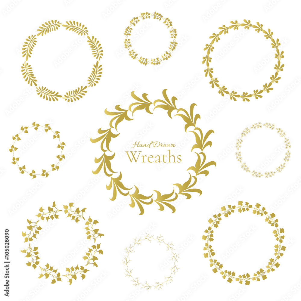Set of nine gold floral wreaths. Hand drawn design elements set. Leafy beautiful wreaths are perfect for web design, decoration, invitations, wedding cards and prints...