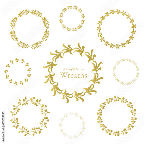 Set of nine gold floral wreaths. Hand drawn design elements set. Leafy beautiful wreaths are perfect for web design, decoration, invitations, wedding cards and prints...