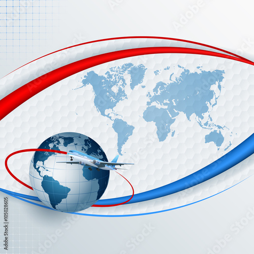 Abstract, transport design template with airliner and Earth globe: Three dimensions arrangement with transport plane and Earth globe on  World map backdrop
