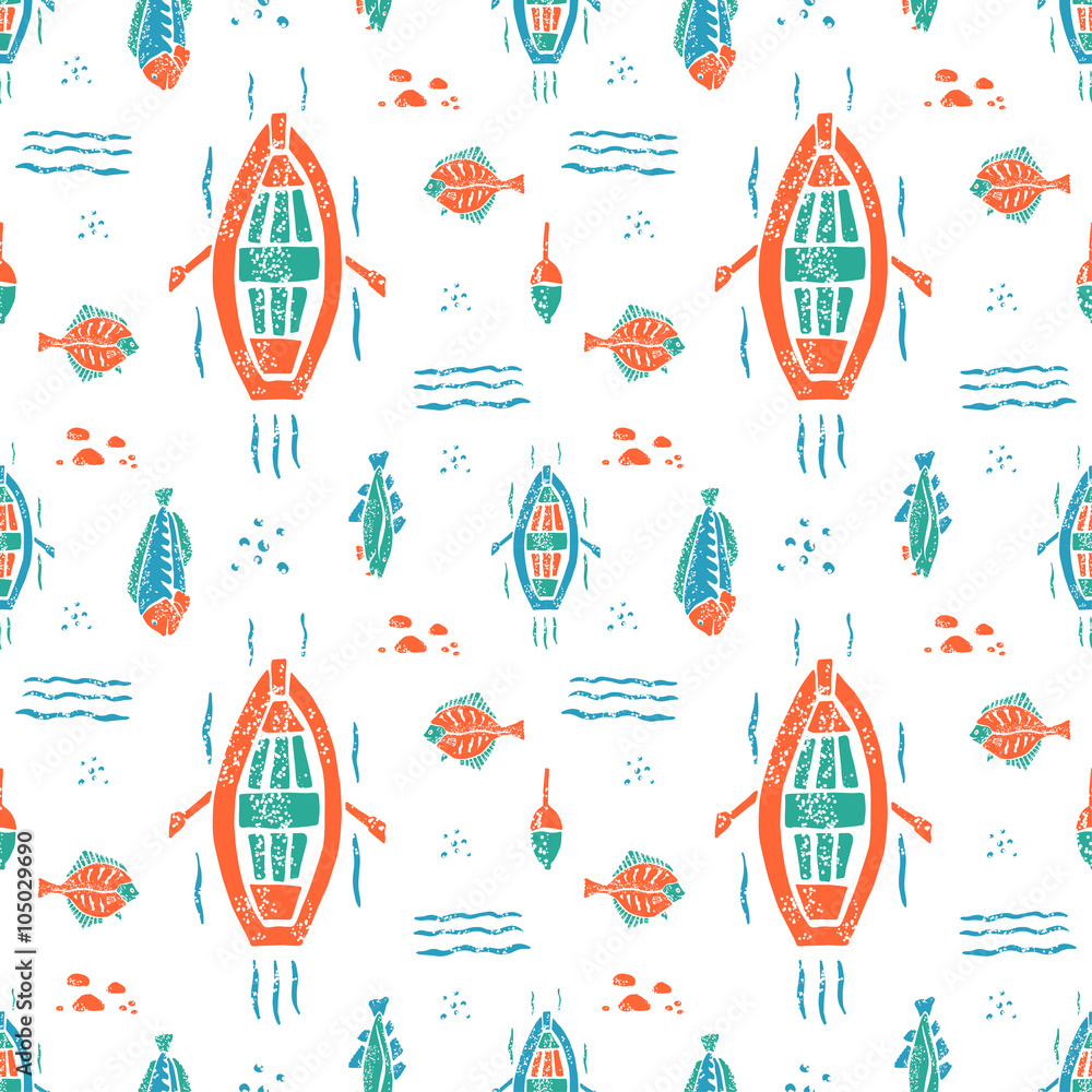 Fishing pattern in naive lino style Fishing pattern in naive lino style