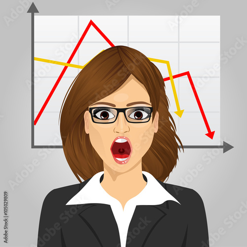 emotional crying businesswoman in economic crisis with line graph showing negative trend