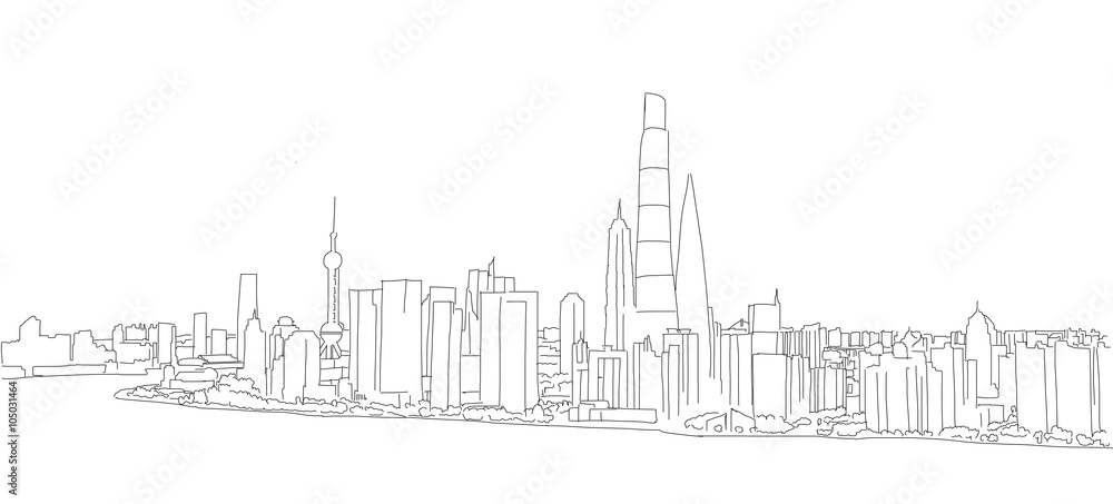 Shanghai Profile Panorama Outline Sketch
