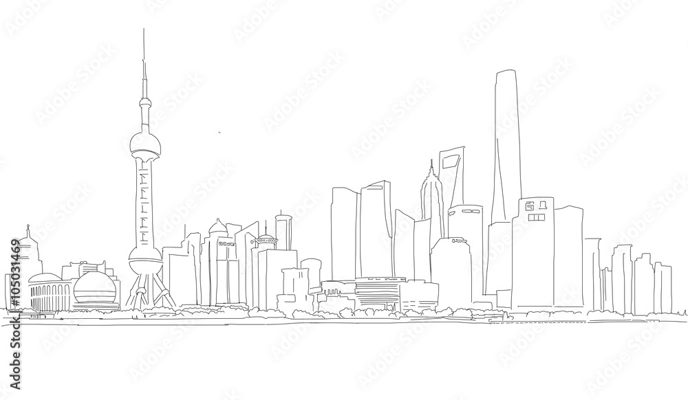 Fototapeta premium Shanghai Downtown Panorama Outline Sketch