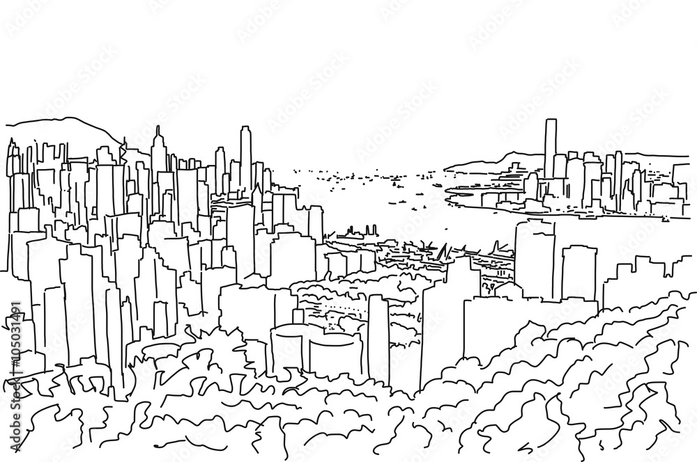 Hong Kong Downtown Panorama Outline Sketch
