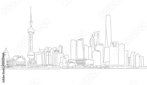 Shanghai Downtown Panorama Outline Sketch