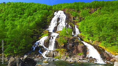 Latefossen twin waterfall, close to Route 13 in Norway, Europe. photo