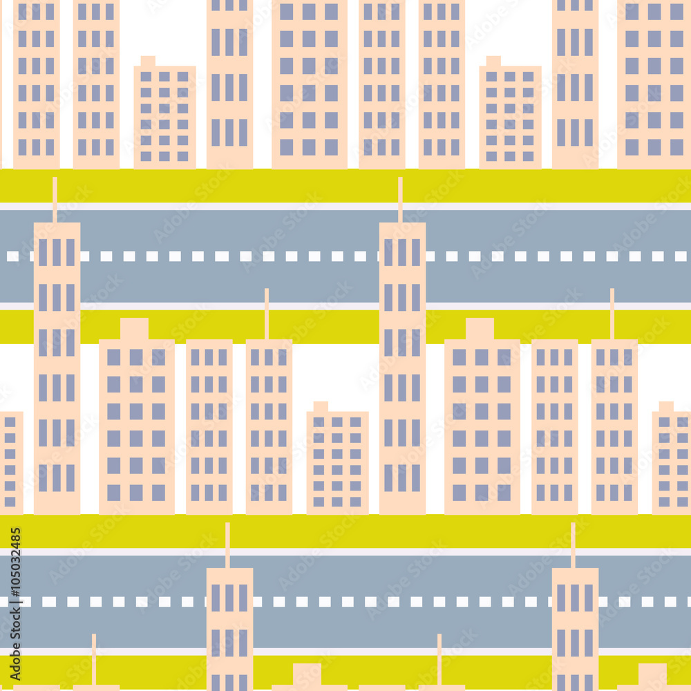 City skyscrapers and road streets seamless pattern. Megalopolis neighborhoods houses background.