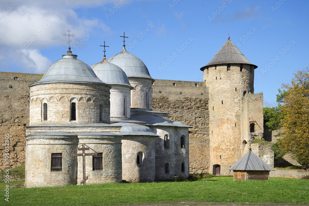 Medieval churches and Gate Tower september day. Ivangorod fortress, Russia