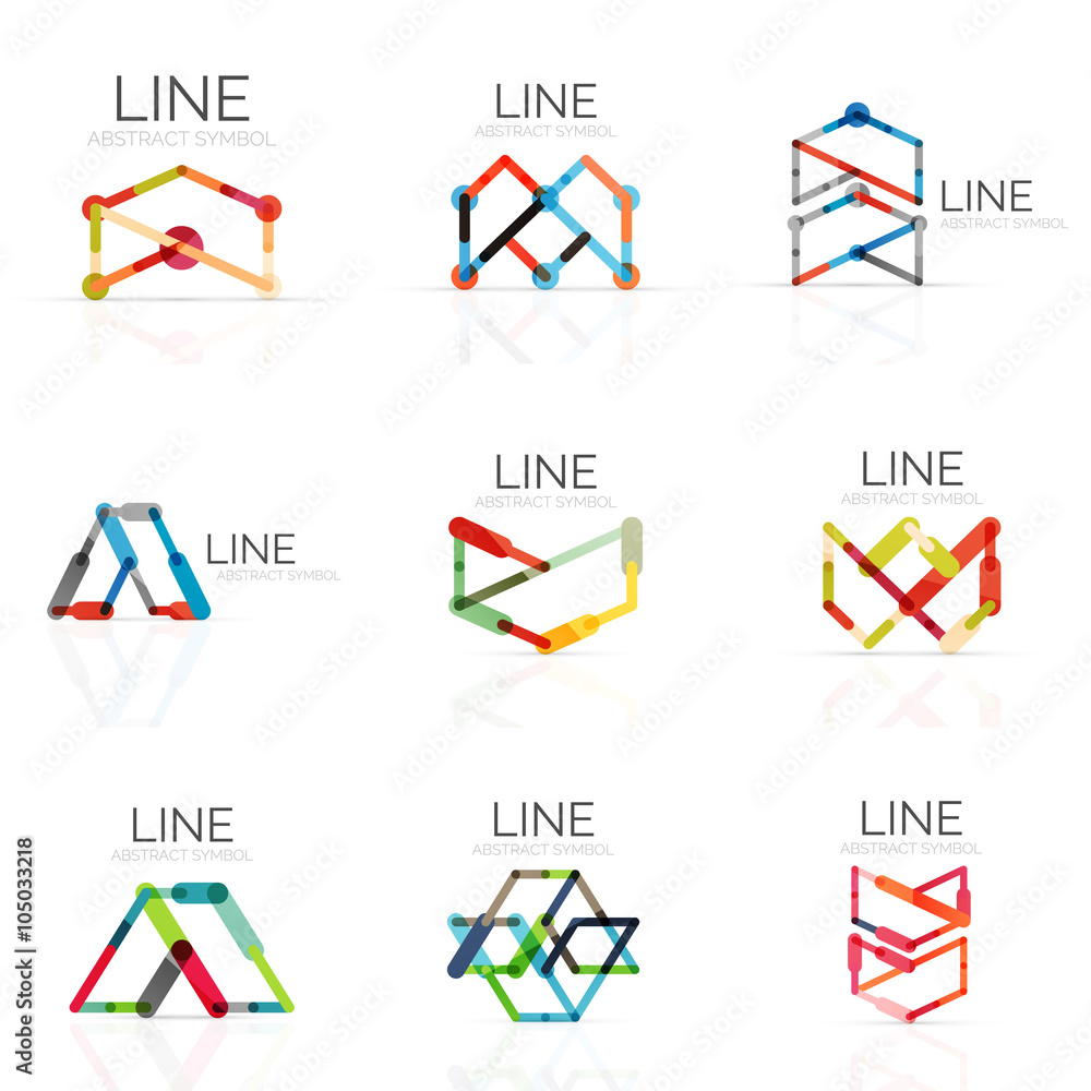 Set of linear abstract logos, connected multicolored segments lines in geometrical figures Set of linear abstract logos, connected multicolored segments lines in geometrical figures