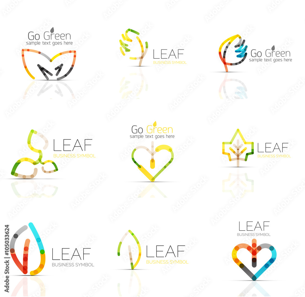 Fototapeta premium Linear leaf abstract logo set, connected multicolored segments