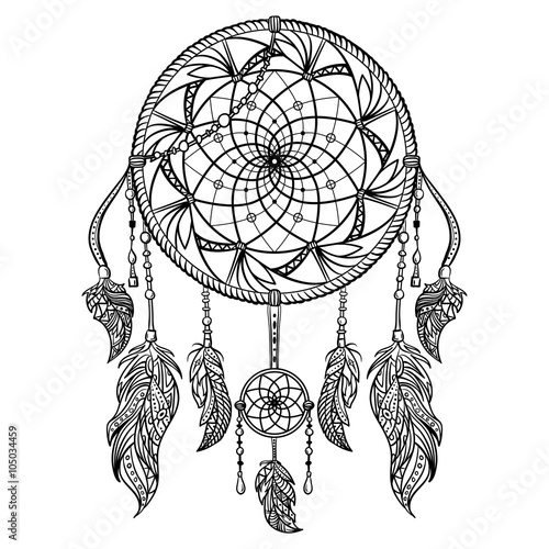 Dream catcher with ornament. Tattoo art. Retro banner, card, scrap booking, t-shirt, bag, print, poster.Highly detailed vintage black and white hand drawn vector illustration