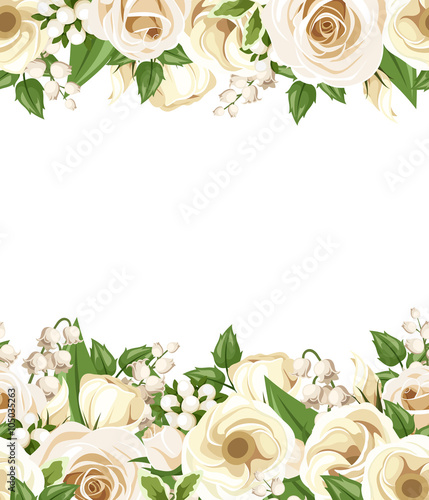 Vector horizontal seamless background with white roses, lisianthus and lilac flowers and green leaves.
