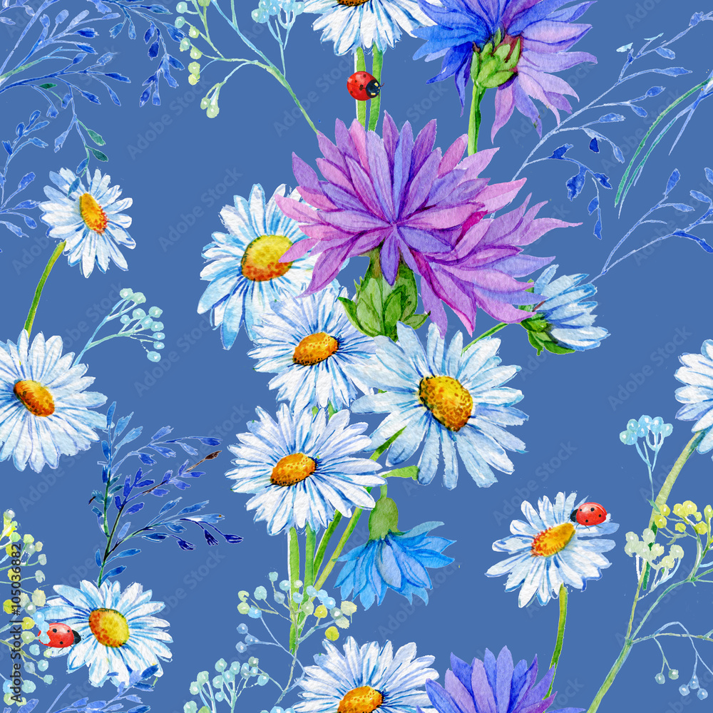 seamless pattern .Illustration watercolor,flowers,wild flowers ,daisies,cornflowers seamless pattern .Illustration watercolor,flowers,wild flowers ,daisies,cornflowers