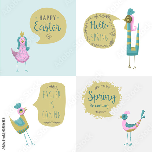 Spring Easter vector illustration of bird and talking bubble. You can write here your own text. Greeting card text templates. Spring lettering modern style.