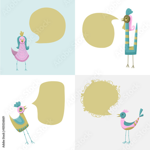 Spring vector illustration of bird and talking bubble. You can write here your own text. Greeting card text templates.